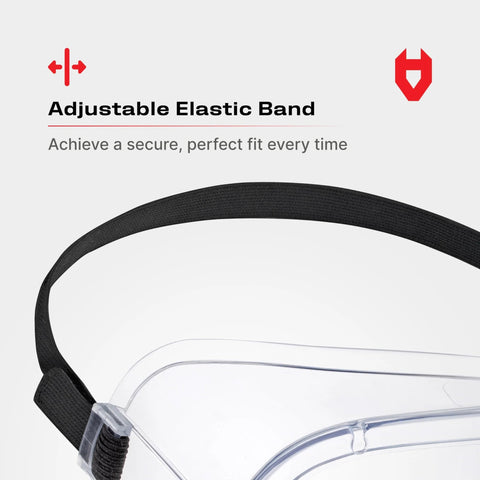 Non-Vented Safety Lab Goggles With Anti-Fog Coating ANSI Z87.1 UV Protection OTG, close-up of adjustable elastic band