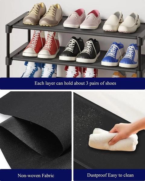 Effortlessly organize shoes with a 3-tier non-woven rack that fits closets, entryways, garages and hallways, stackable