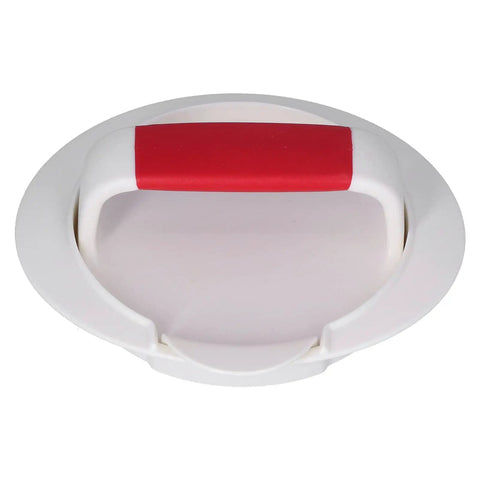 Top view of a Burger Press Patty Maker Nonstick Mold for Sliders and Stuffed Burgers with a red handle