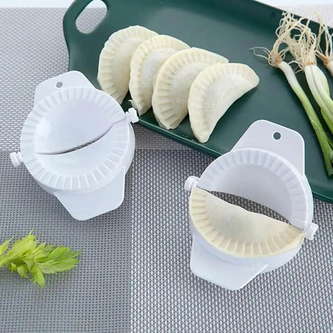 No Fuss Dumpling Maker Press Kit 3Pcs Small Nonstick Plastic Dumpling Mold For Pierogi on kitchen counter with filled dumplings