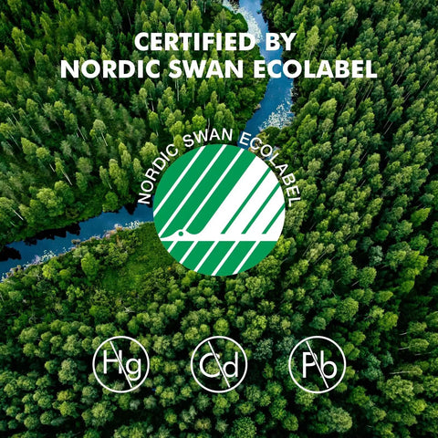 Nordic Swan Ecolabel certification over lush forest, highlighting eco-friendly Ultra AAA Alkaline Batteries 24 Pack With Long Lasting Power 10 Year Shelf Life.
