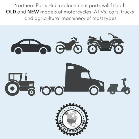 Illustration of vehicles including car, motorcycle, ATV, tractor, semi-truck, and scooter with Northern Parts Hub logo and text.