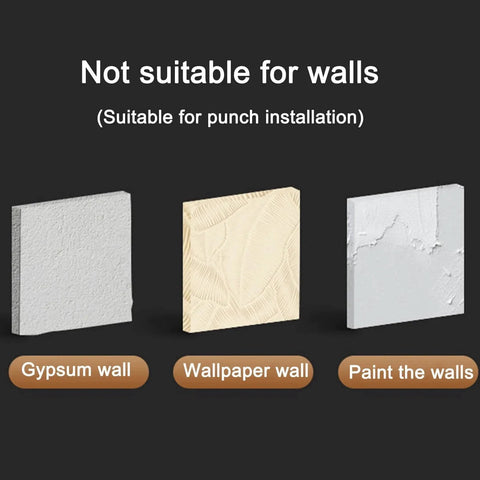 Comparison of wall types unsuitable for Silver 40CM+8Hook Modern Kitchen Utensil Hanger installation: gypsum, wallpaper, paint walls.