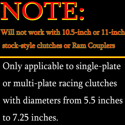 Text note specifying compatibility for hydraulic throwout bearing replacement for 91605135 Chevy GM racing transmissions with low pedal effort for 5.5 to 7.25 inch racing clutches, not compatible with 10.5-inch or 11-inch clutches.