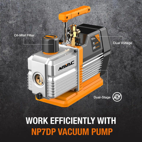 Pro Series 7 CFM Dual Stage Vacuum Pump With Integrated Cylinder And Forced Oil Circulation, 15 Microns Vacuum, Navac NP7DP