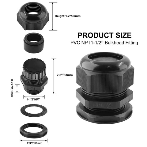 Two Pack 1-1/2 NPT Cable Glands Waterproof Connectors Adjustable 31-37mm IP68 Nylon Joints With Gaskets PA66 Construction