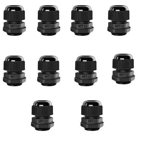 10 Pack 1/2 Inch NPT Cable Gland Waterproof IP68 Nylon Pass Through Cord Grip Connector With Strain Relief Grommets