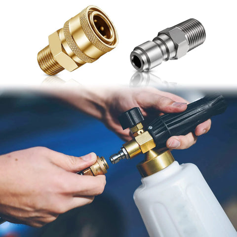 Pressure washer quick-connect fittings, four pairs of 1/4 in NPT, brass and stainless steel.