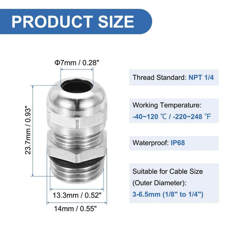 Waterproof Cable Glands NPT 1/4-Inch Six Pack Nickel Plated Brass Cord Grips For Outdoor Electrical Boxes And Enclosures