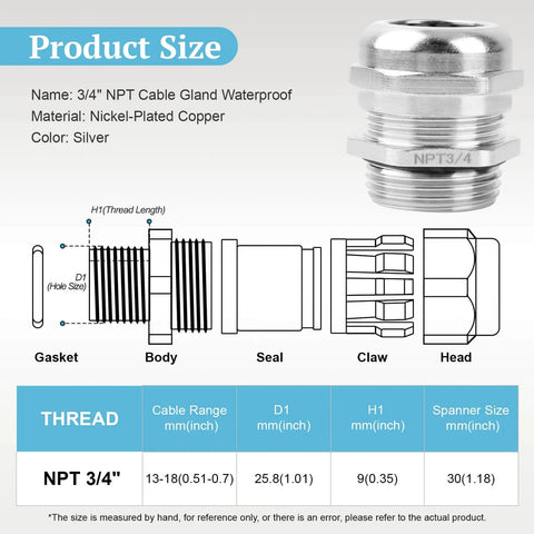 Set Of Four NPT 3/4 Inch Nickel Plated Copper Waterproof Cable Glands With IP68 Sealing, Adjustable 13-18mm, technical diagram