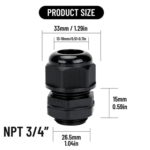 NPT 3/4 Inch Waterproof Cable Gland Kit For Harsh Environments, showcasing black plastic connector dimensions and rugged design.