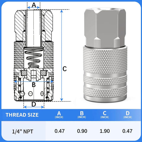Diagram and photo of 1/4-Inch NPT Female Quick Connect Air Coupler for Industrial Use, 4-Ball Design, Hardened Steel With Nickel Plating