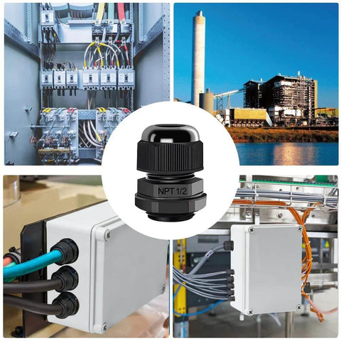 12 Pack Half Inch NPT Cable Glands Nylon PA66 IP68 Waterproof Adjustable Strain Relief Cord Grips in use with junction boxes