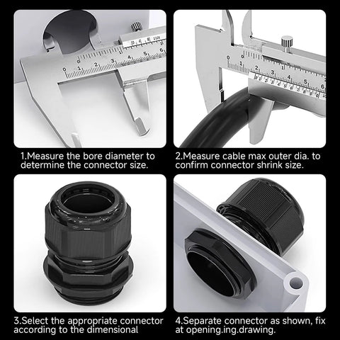 Diagrams of Adjustable NPT Cable Gland 1/4 to 1 Inch Range IP68 Waterproof Strain Relief Cord Connector installation process