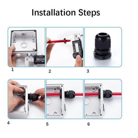 Installation steps of 10 Pack 1/2 Inch NPT Cable Gland Waterproof IP68 Nylon Pass Through Cord Grip Connector for enclosures.