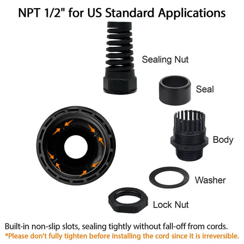 Two Pack NPT One Half Inch IP68 Waterproof Cable Gland With Spiral Strain Relief For 6-12mm Wires, Nylon Joint With Gaskets
