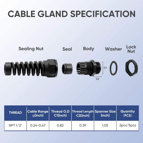 Strain Relief Cord Connector Kit, 2 Pack NPT One Half Inch Waterproof Cable Gland With Flexible Spiral Strain Relief components