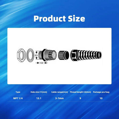 Diagram of Strain Relief Cord Connectors Kit 10 Pack NPT One Quarter Inch Waterproof Cable Glands with Spiral Grip and Nylon Joints