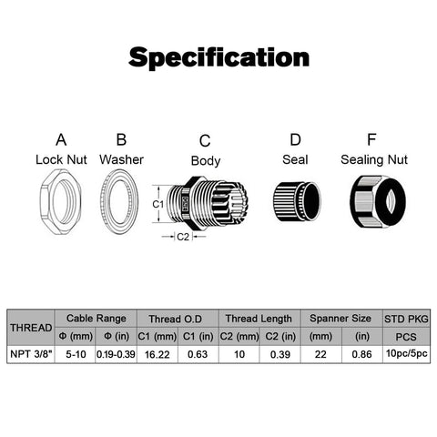 Diagram showing components and specifications of Five Pack NPT Three Eighths Inch Cable Glands Waterproof Adjustable Easy To Install.