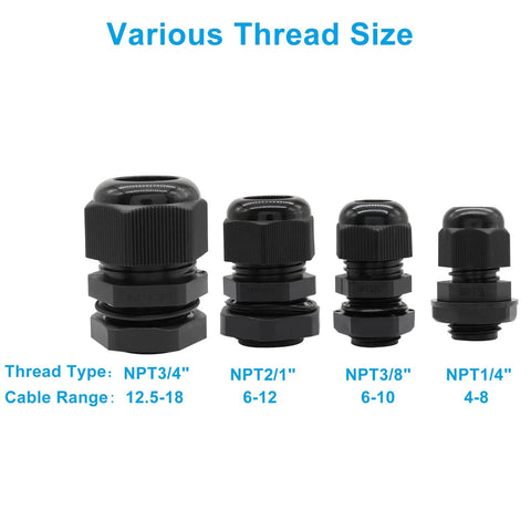Various sizes of Three Quarter Inch NPT Cable Gland Kit Waterproof Black Nylon Adjustable Strain Relief Cord Grips for junction box panels