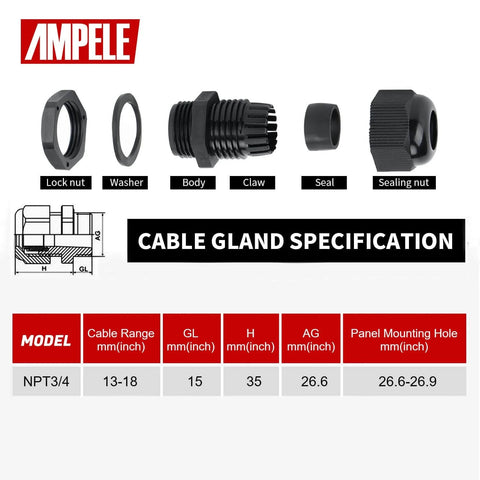 20 Pack Three Quarter Inch NPT Cable Glands Waterproof Adjustable Nylon Glands With Gaskets 13-18mm parts disassembled view