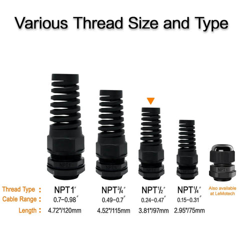 Various sizes of NPT cable glands including Two Pack NPT One Half Inch IP68 Waterproof Cable Gland With Spiral Strain Relief For 6-12mm Wires