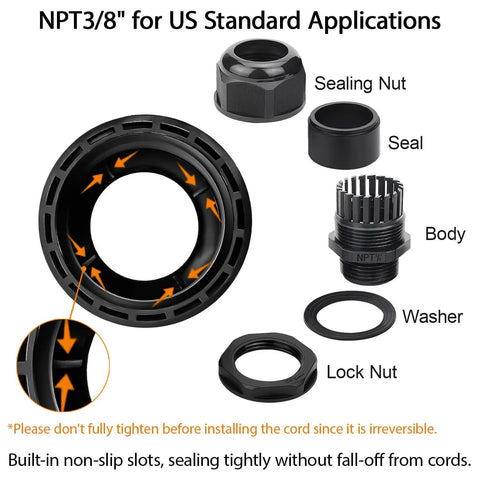 Five Pack NPT Three Eighths Inch Cable Glands Waterproof Adjustable Easy To Install For Cables From Five To Ten Millimeters Black Nylon Joints With Gaskets showing components and assembly.
