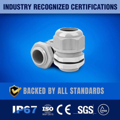 NPT Cable Glands Kit KableLock 25 Piece Set white PA66 nylon showing front and side view, certification icons visible