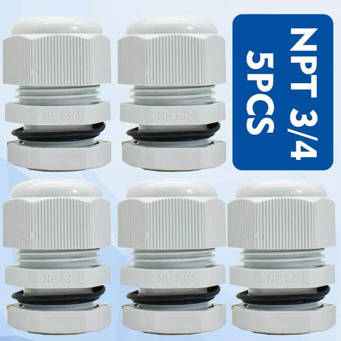 Cable Strain Relief Grommet Kit For Outdoor Electrical Installations, Five Pack NPT Three Quarter Inch, Waterproof Seals visible