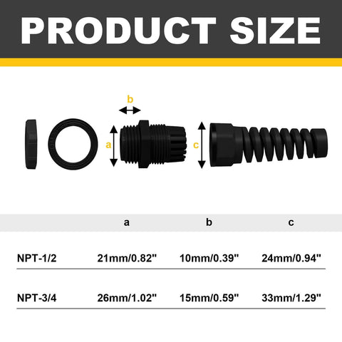 Product sizes for Built To Last Cable Strain Relief Cord Connector Kit, showing dimensions for NPT 1/2 and NPT 3/4 inch threads.