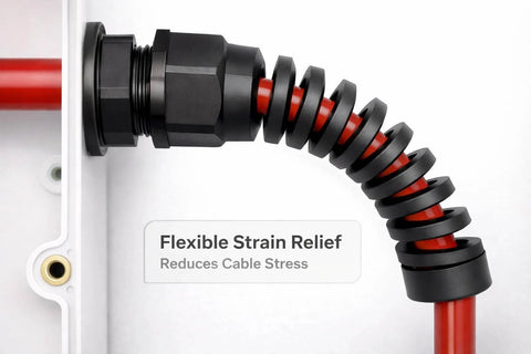 Close-up of 1/2 inch NPT flexible cable gland with spiral pigtail cord grip showing installation for industrial equipment and panels.