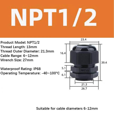 10 Pack 1/2 Inch NPT Cable Gland Waterproof IP68 Nylon Pass Through Cord Grip Connector With Strain Relief Grommets For Electrical Enclosures, Junction Boxes, LED Lighting And All Weather Ready Outdoor Wiring Projects, black nylon, dimensions shown