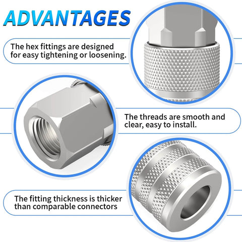Close-up view of 1/4-Inch NPT Female Quick Connect Air Coupler for Industrial Use, 4-Ball Design, Hardened Steel With Nickel Plating, M/D Type Compatible Air Hose Fittings, Heavy-Duty Pack of 12, showcasing hex fittings, threads, and thickness advantages.