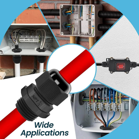 Ten Pack One Half Inch NPT Strain Relief Nylon Cord Grip With IP68 Waterproof Adjustable Cable Glands in use, securing cables in enclosures.