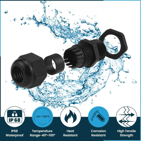 Ten Pack One Half Inch NPT Strain Relief Nylon Cord Grip With IP68 Waterproof Adjustable Cable Glands In Black Nylon Locknut Joints For Six To Twelve Millimeter Cable Diameter, Built Tough Sealing For Rugged Cables.