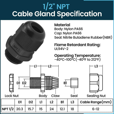 Diagram of Ten Pack One Half Inch NPT Strain Relief Nylon Cord Grip With IP68 Waterproof Adjustable Cable Glands In Black Nylon Locknut Joints For Six To Twelve Millimeter Cable Diameter with specifications.
