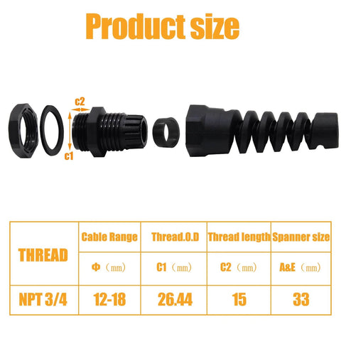 Product size breakdown of Two Pack NPT Three Quarter Inch Cable Glands Waterproof IP68 Nylon Joint With Flex Spiral Strain Relief For Thirteen To Eighteen Millimeter Wires Fits Half To Seven Tenths Inch Cable Range PA66.