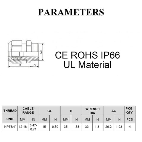 Diagram and specifications for Four Pack NPT Three Quarter Inch Cable Gland Set, Plastic Waterproof Nylon Cable Joints With Gaskets.