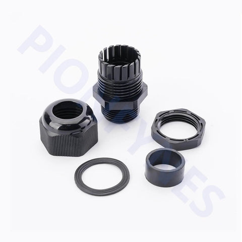 1/4 Inch NPT Waterproof Cable Gland Set shown dismantled with nylon glands and gaskets for outdoor use, IP68 sealed, 50 pack, heavy duty.