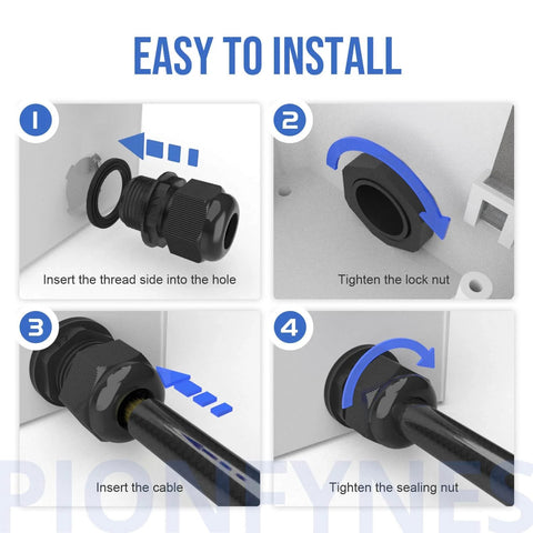 1/4 Inch NPT Waterproof Cable Gland Set installation steps showing how to insert and seal cables with nylon glands and gaskets.