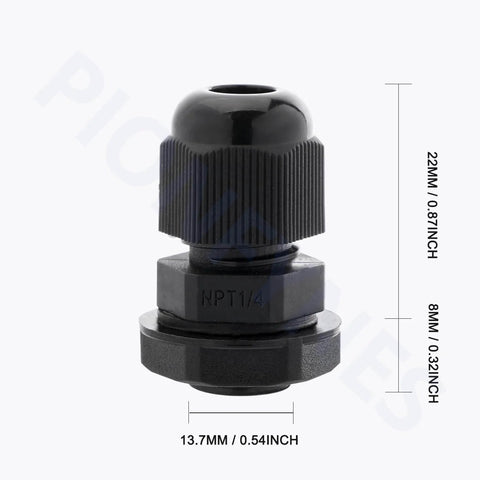 1/4 Inch NPT Waterproof Cable Gland Set, Adjustable 3-6.5mm Nylon Glands With Gaskets, IP68 Sealed, Front View