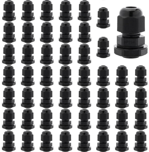 1/4 Inch NPT Waterproof Cable Gland Set, Adjustable 3-6.5mm nylon glands with gaskets, shown in 50 pack layout, IP68 sealed