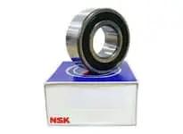 Front view of NSK 3206B-2RSTNC3 200 Double Row Ball Bearing Sealed 3200 5200 Series with steel cage on branded packaging.