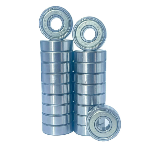 Stack of 20 NSK 608ZZ Precision Ball Bearings 8x22x7mm with double metal seals, high-speed industrial packaging.