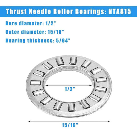 Thrust needle roller bearing NTA815 with dimensions ID 1/2" and OD 15/16", showing compact design for high-load support.