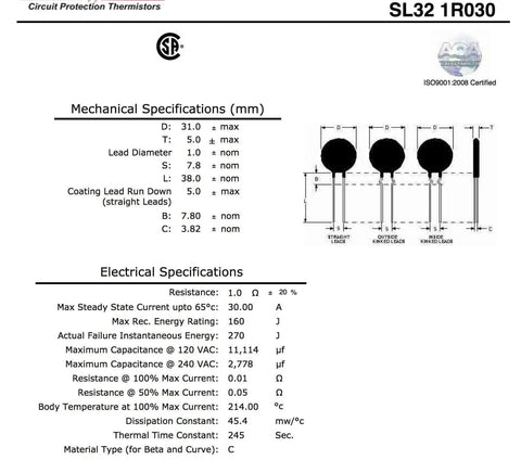 Spec sheet showing NTC Thermistor Inrush Current Limiter 1 Ohm 20 Percent Tolerance Pack Of 2 For HVAC SG379 Applications Low Resistance Startup Aid.