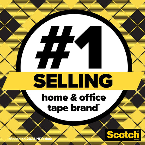#1 selling home and office tape brand, Scotch Brand, yellow and black background with plaid pattern.