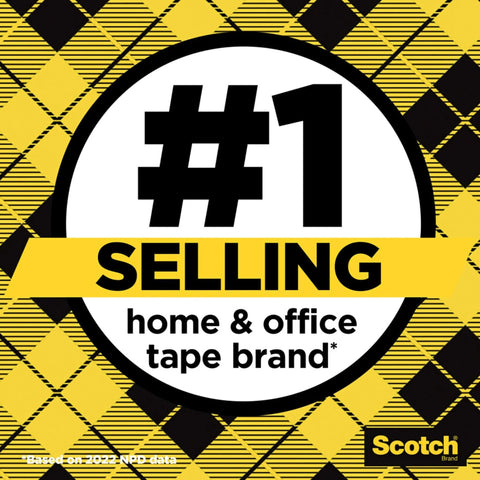 Graphic showing "#1 Selling Home & Office Tape Brand," with yellow and black plaid background, based on 2022 NPD data.