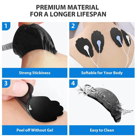 Unit Electrode Pads NURSAL 20 Pack 3.5mm Snap EMS Replacement Pads for Electrotherapy Reuse, showing application and ease of use.