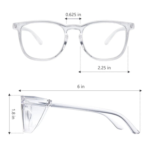 Nurse Safety Goggles Anti Fog Eye Protection PPE For Lab Blue Light Filter, front and side view with dimensions